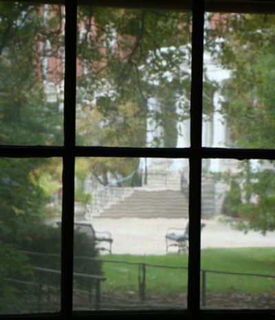 Jesse Hall seen through a window of Tate Hall (pre-renovation)