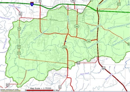 Fig 2. Image showing the Hinkson Creek watershed in central Columbia. Campus falls within this area.